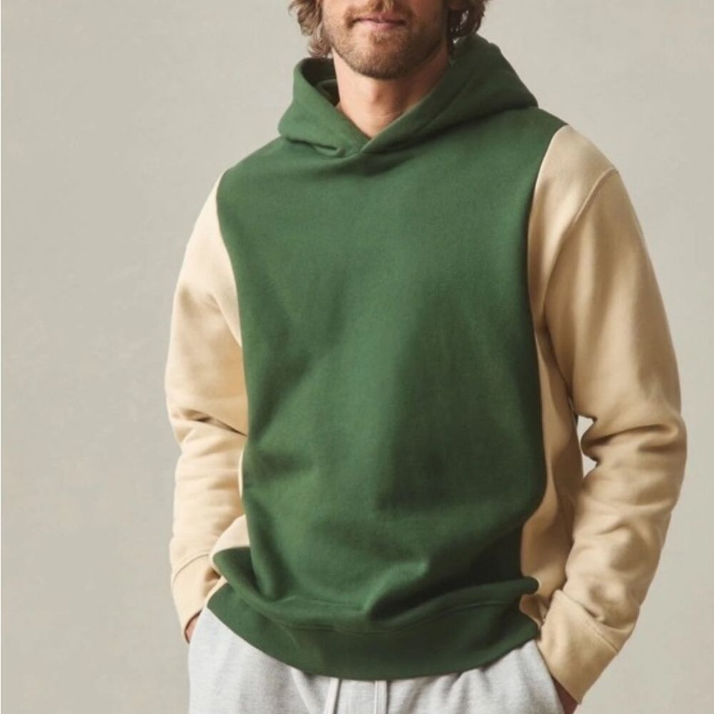 NEW American Giant Colorblock Hoodie Dark Green And Cream Beige Size L